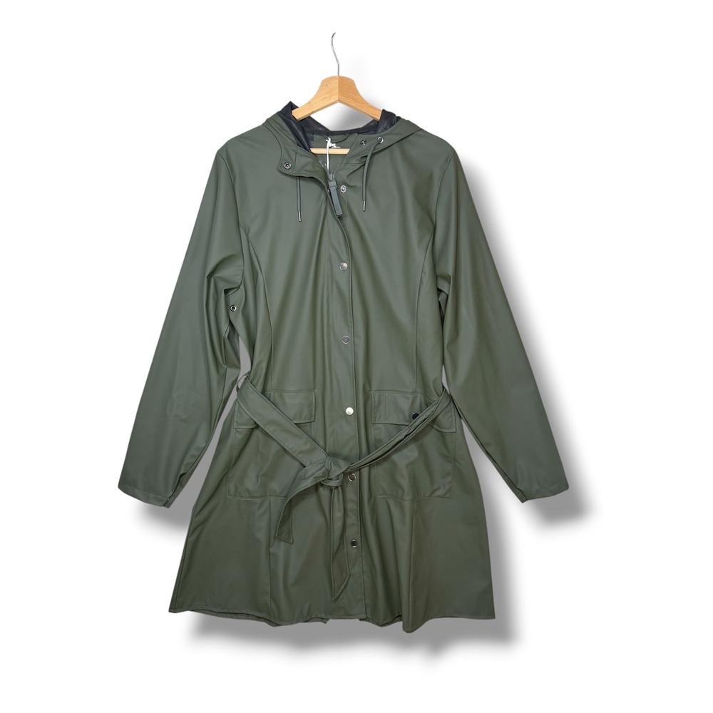 RAINS Curve Long Jacket W3 Green Waterproof Hooded Belted Raincoat XL Chic RDIF
